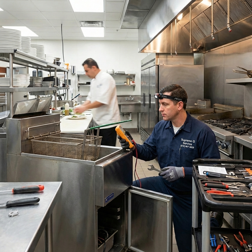 Technician repairing commercial fryer