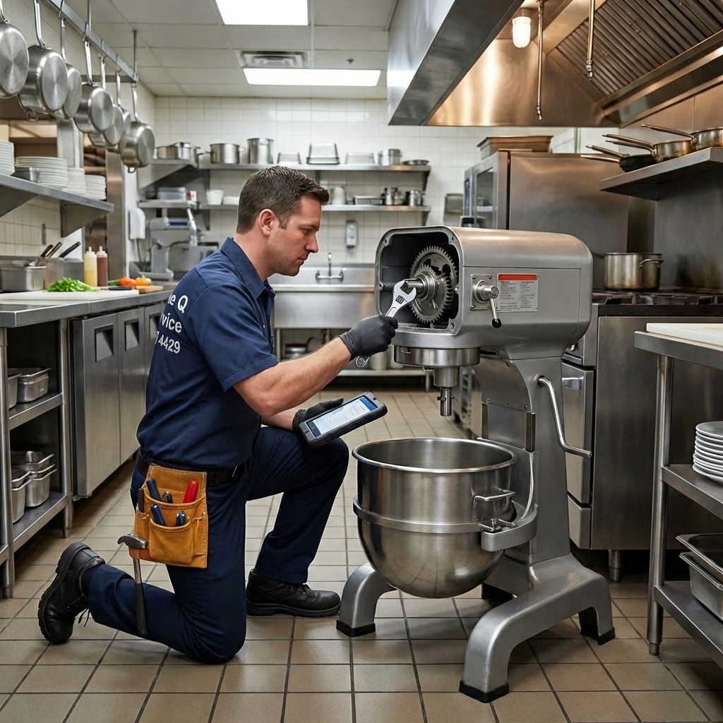 Technician repairing commercial mixer