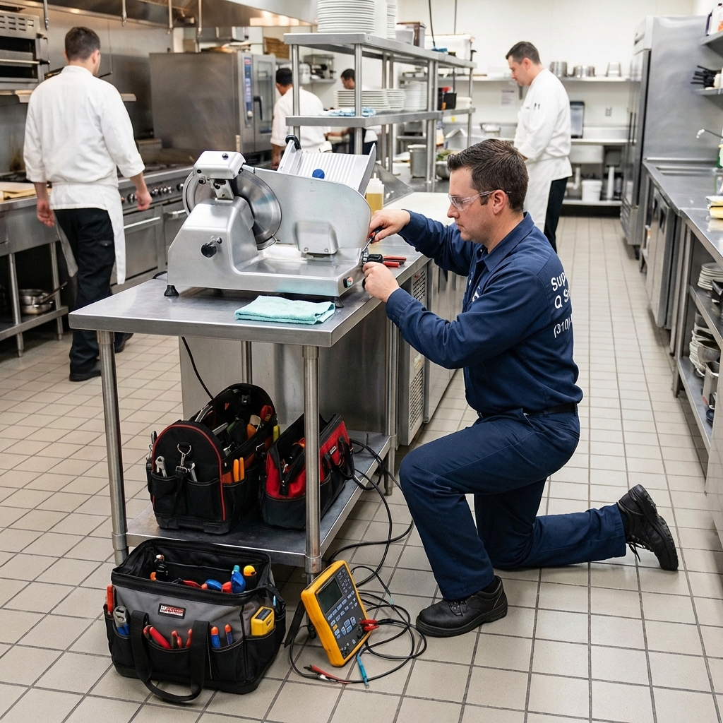 Technician repairing food prep equipment